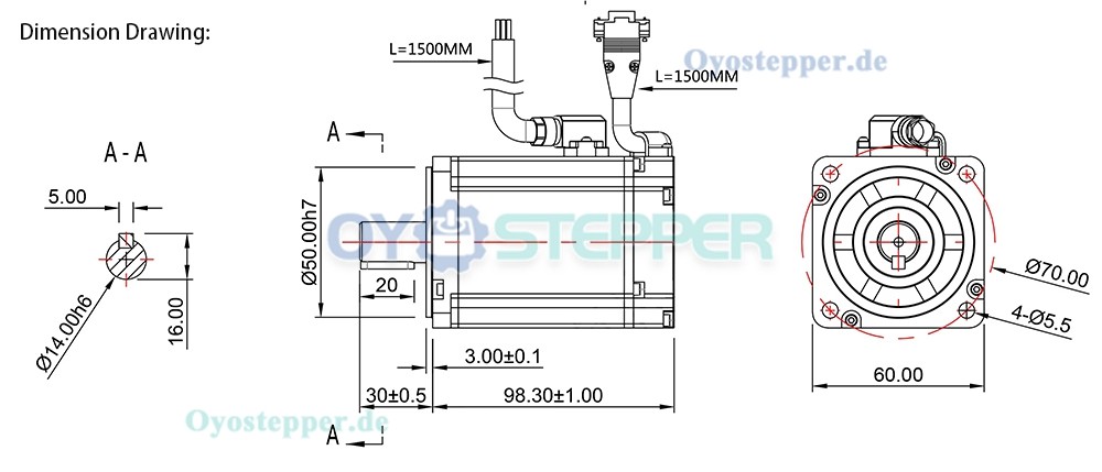 DC-Servomotor, 400W, 48V, 1,27 Nm, 3000 U/min, mit 1024 Linien Magnet-Encoder, 60 × 60 mm